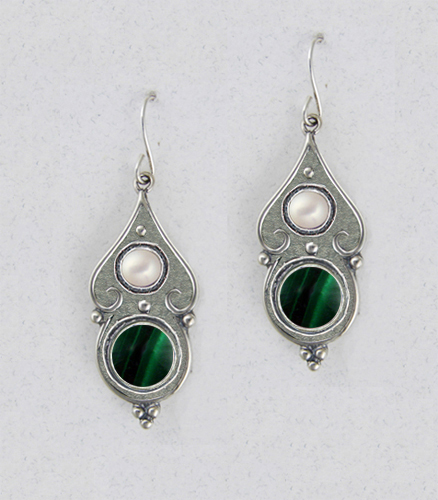 Sterling Silver Malachite And Cultured Freshwater Pearl Gemstone Drop Dangle Earrings